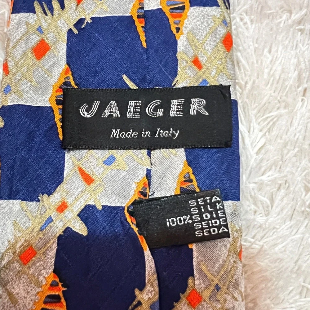 Jaeger Mens‎ 100% Silk Tie Blue Geometric Pattern Made in Italy